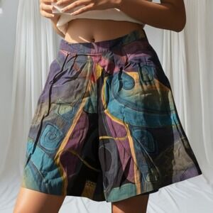 VTG Essay Sharon Anthony Womens Rayon Shorts 26x7" Abstract Art Print USA 1990s